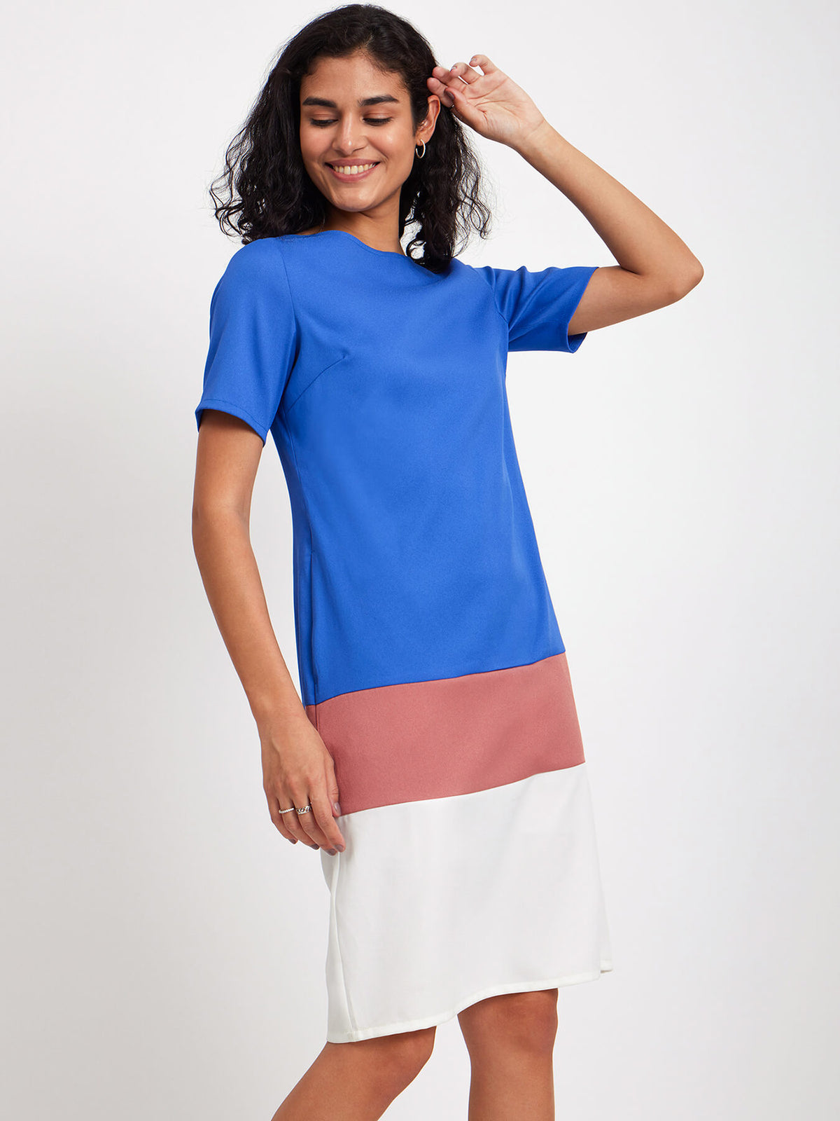 Colour Block Boat Neck Dress - Blue And White