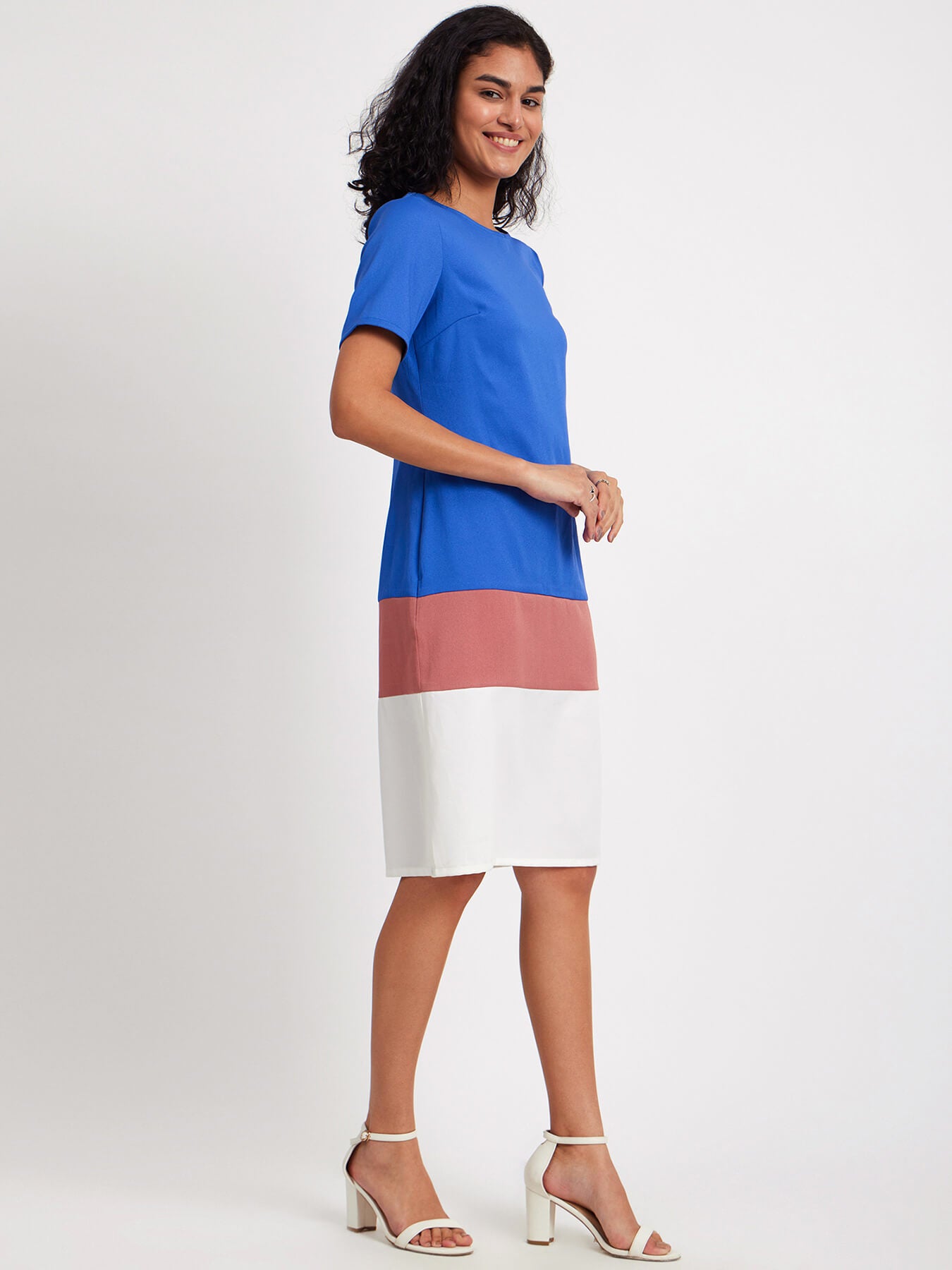 Colour Block Boat Neck Dress - Blue And White