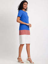 Colour Block Boat Neck Dress - Blue And White