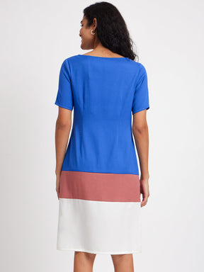 Colour Block Boat Neck Dress - Blue And White