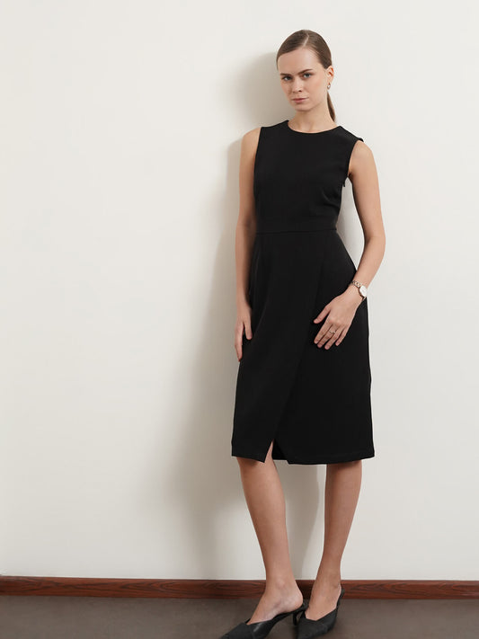 Round Neck Overlap Shift Dress - Black