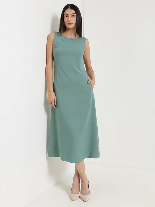 Round Neck Midi Dress - Green