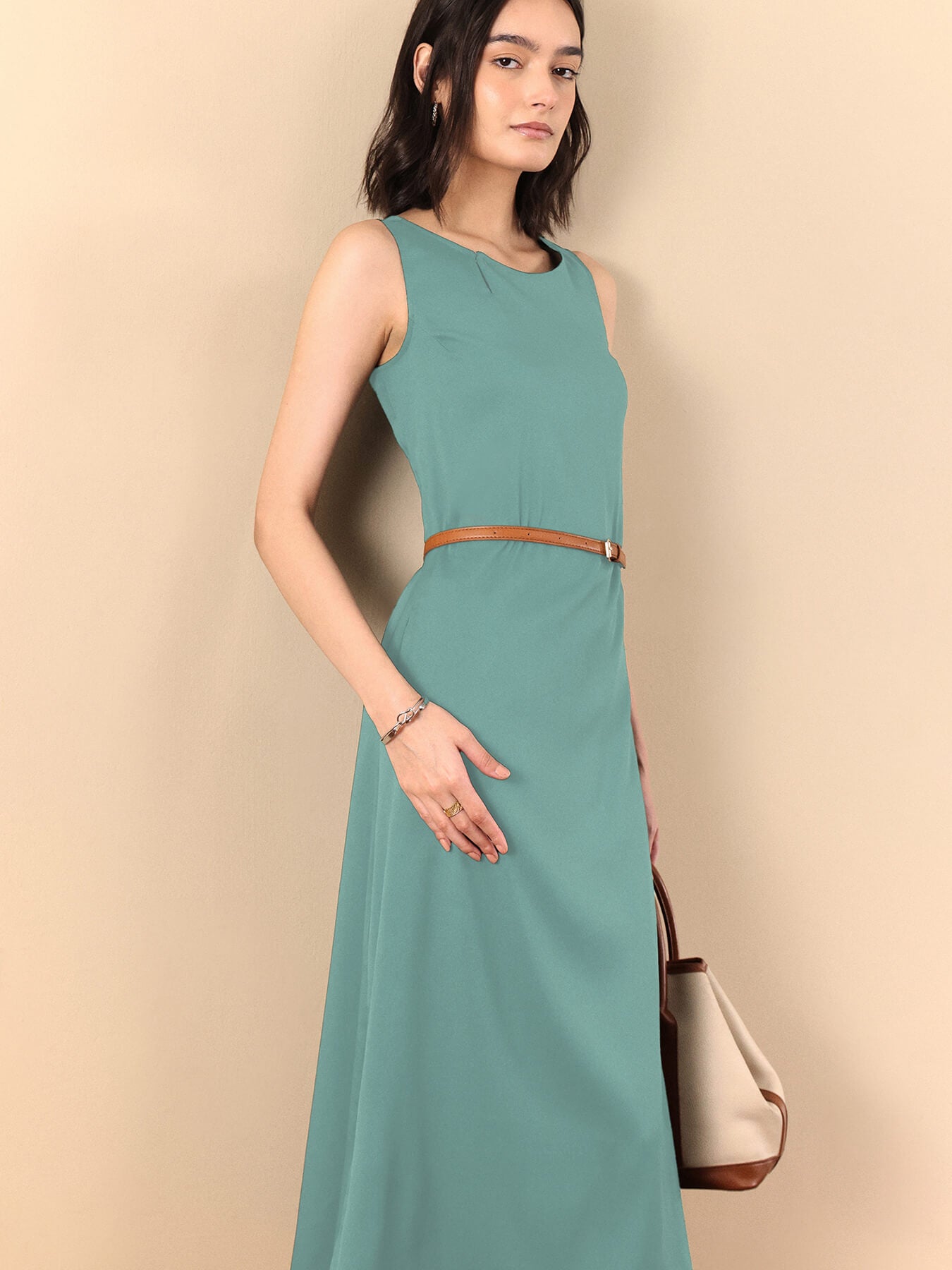 Round Neck Midi Dress - Green