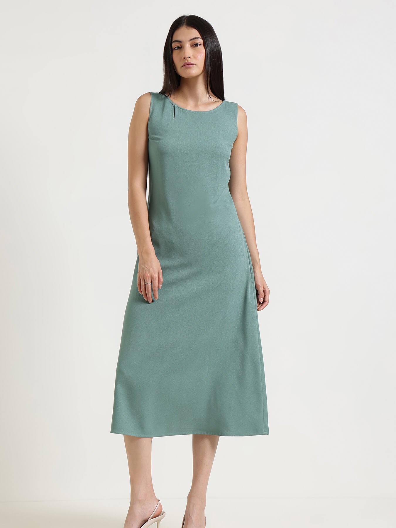 Round Neck Midi Dress - Green
