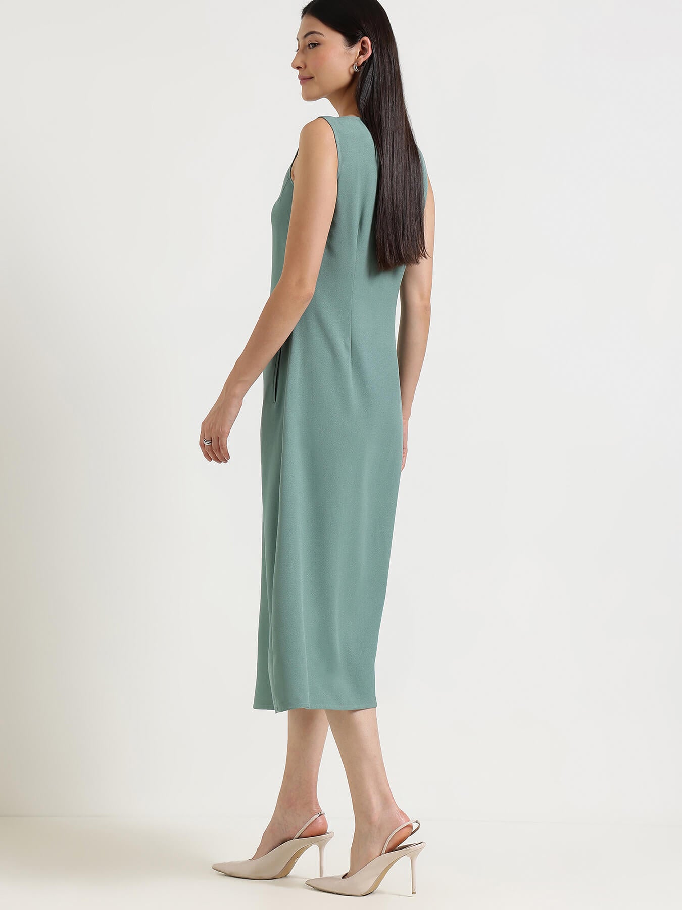 Round Neck Midi Dress - Green