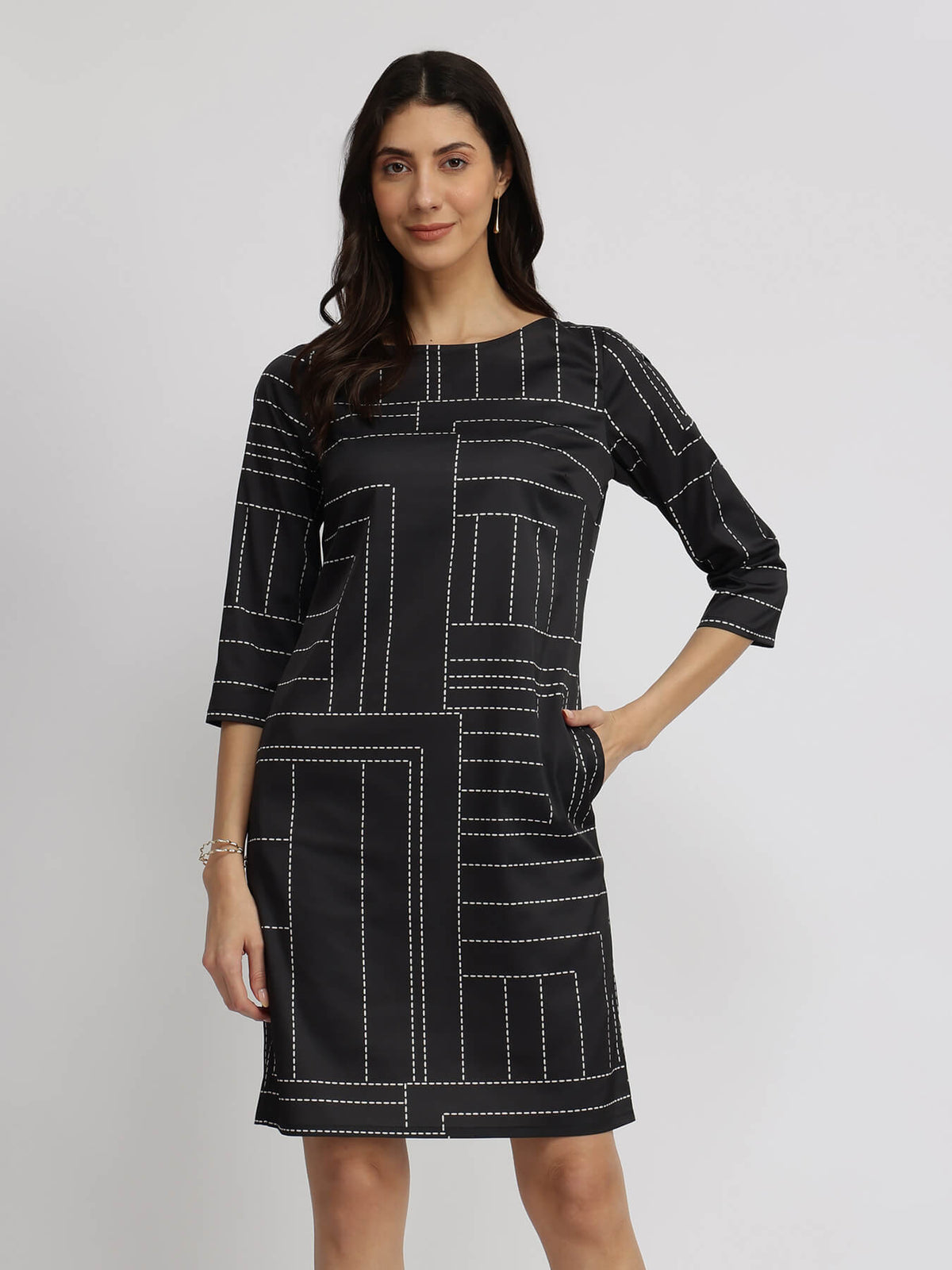Satin Dash Print Shift Dress - Black