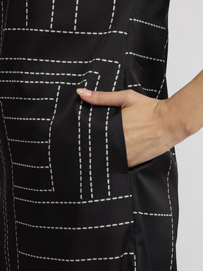Satin Dash Print Shift Dress - Black