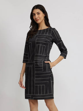 Satin Dash Print Shift Dress - Black