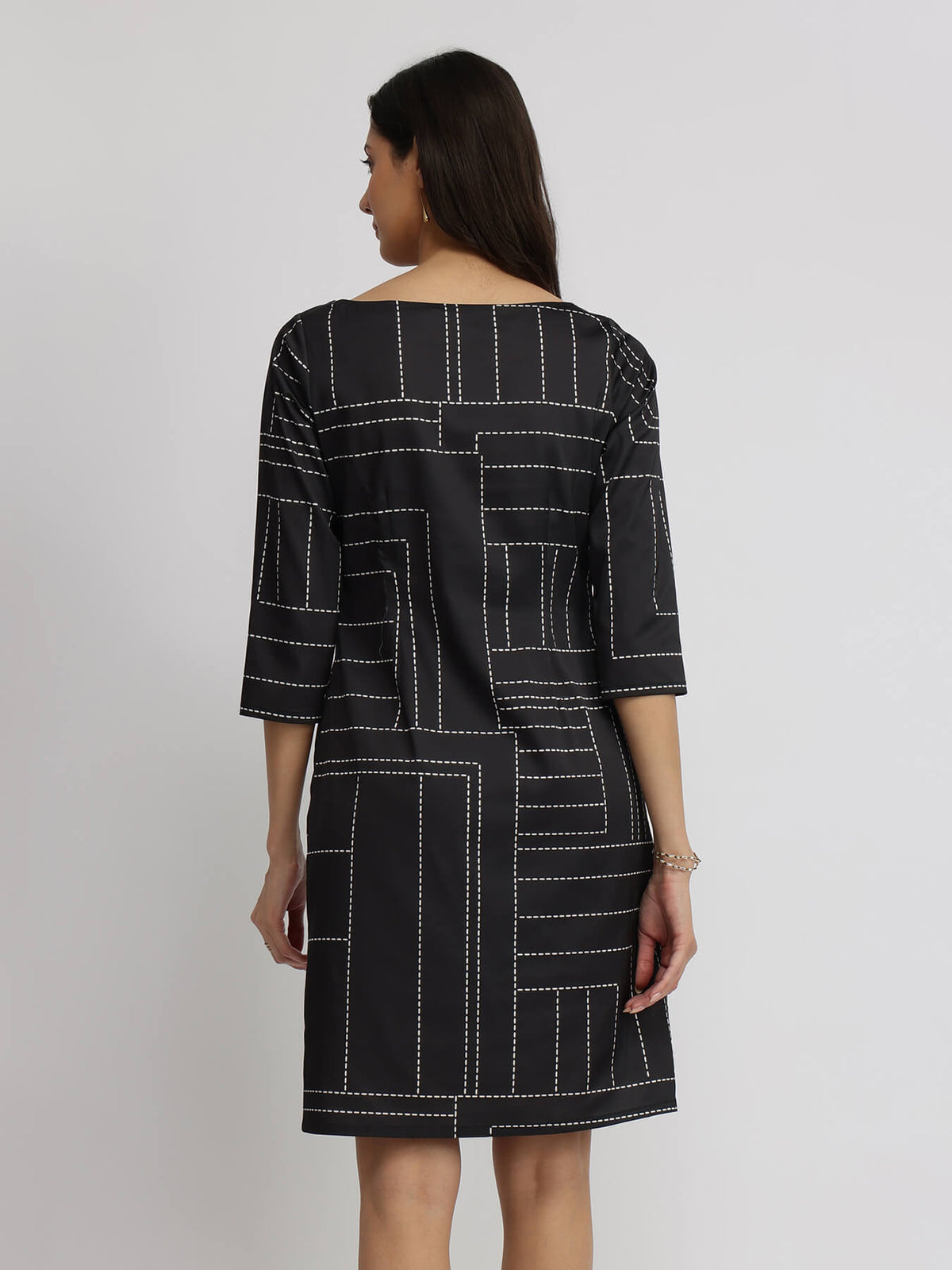 Satin Dash Print Shift Dress - Black