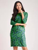 Geometric Boat Neck Dress - Green And Blue