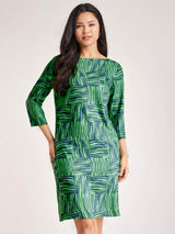 Geometric Boat Neck Dress - Green And Blue