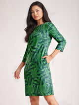 Geometric Boat Neck Dress - Green And Blue