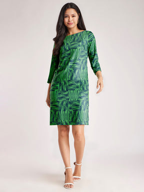 Geometric Boat Neck Dress - Green And Blue