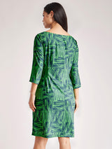 Geometric Boat Neck Dress - Green And Blue