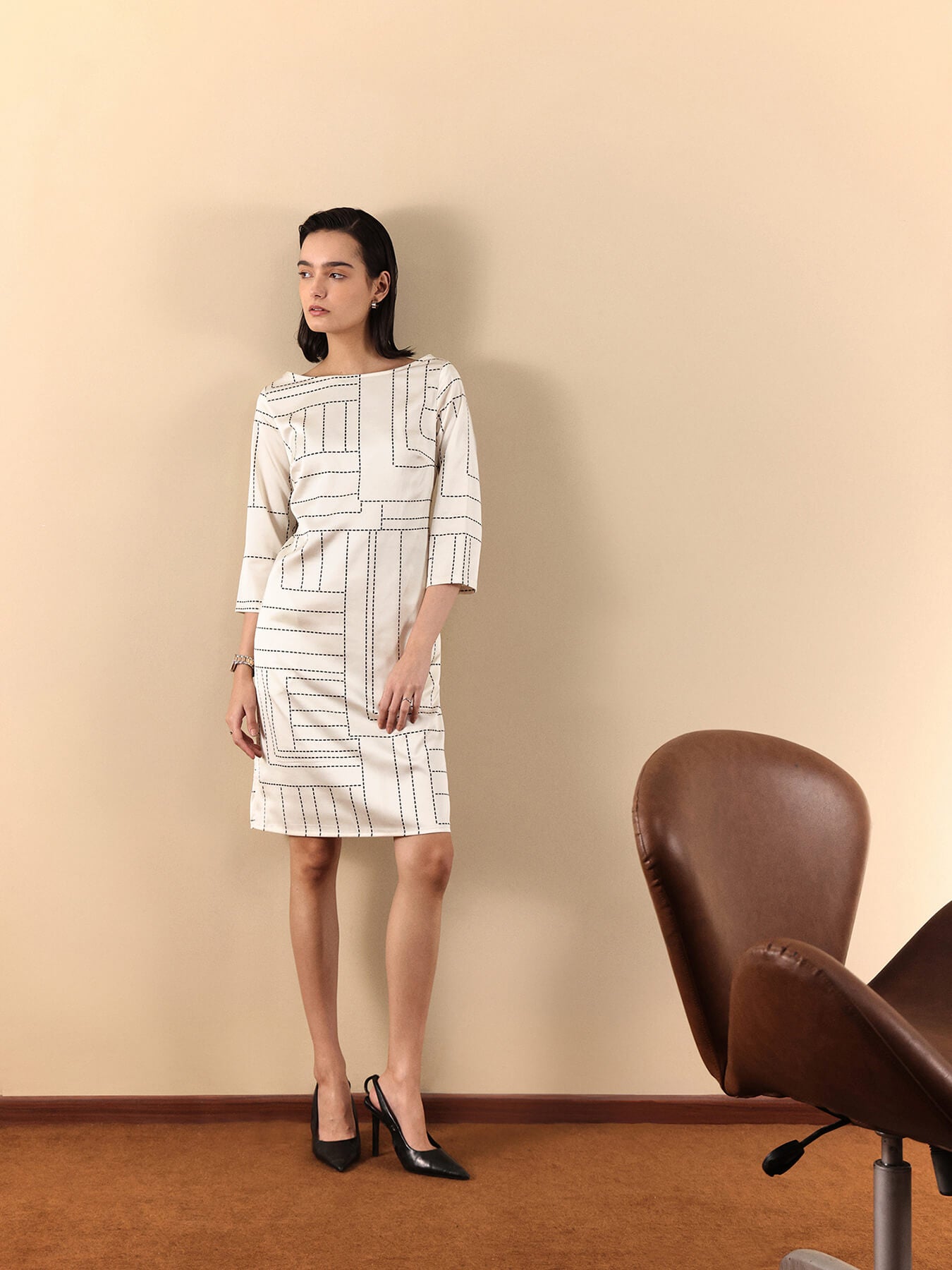 Stretch Satin Shift Dress - Off White