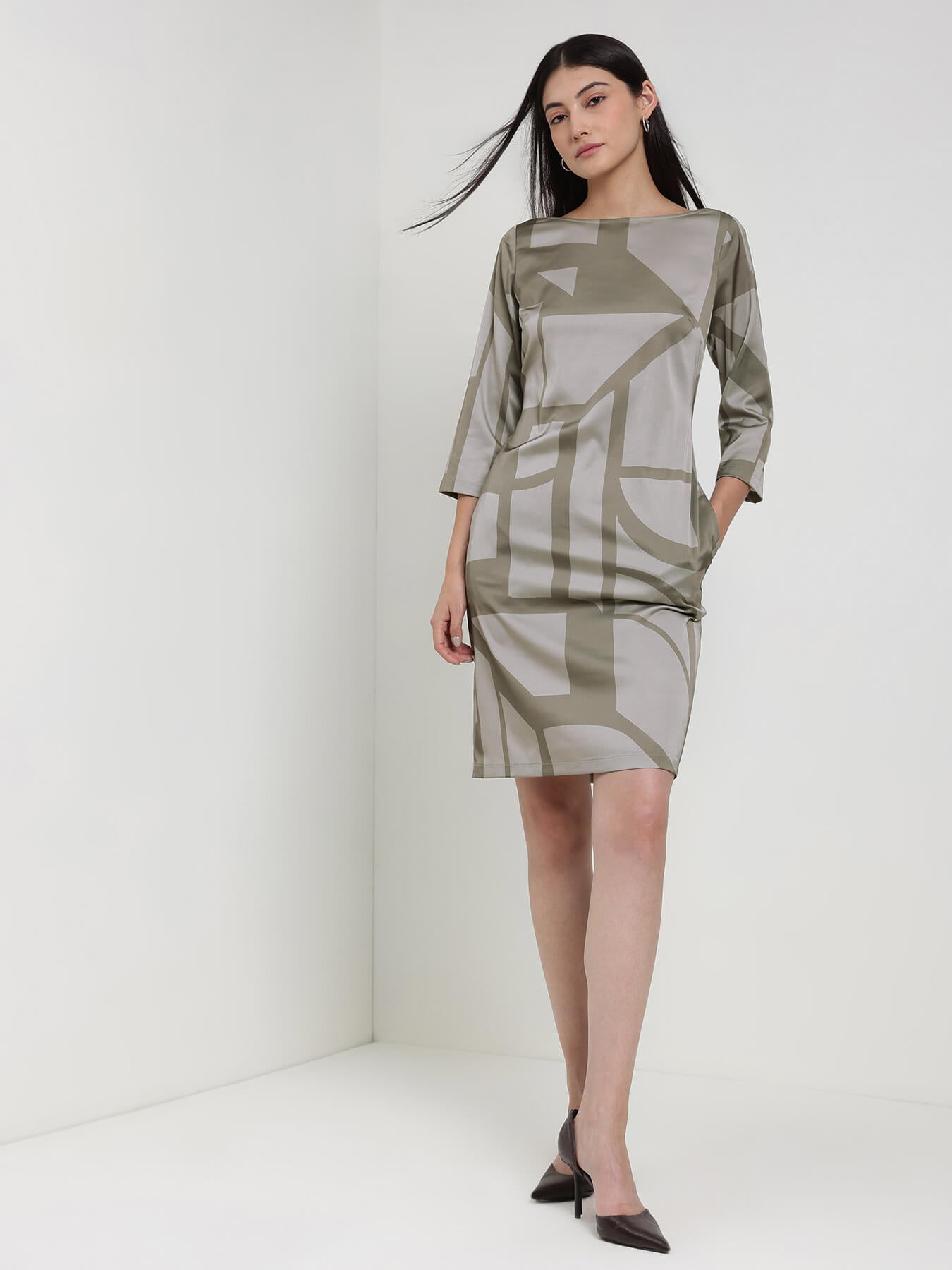 Abstract Print Shift Dress - Olive