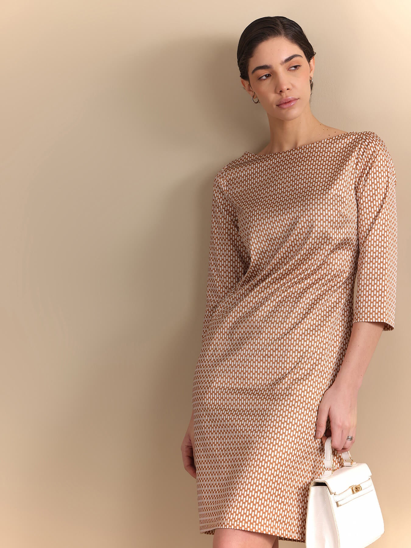 Retro Print Shift Dress - Rust