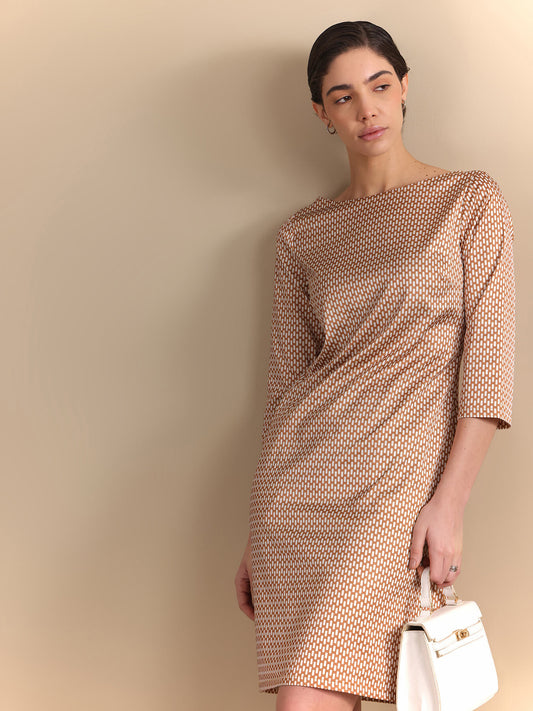 Retro Print Shift Dress - Rust