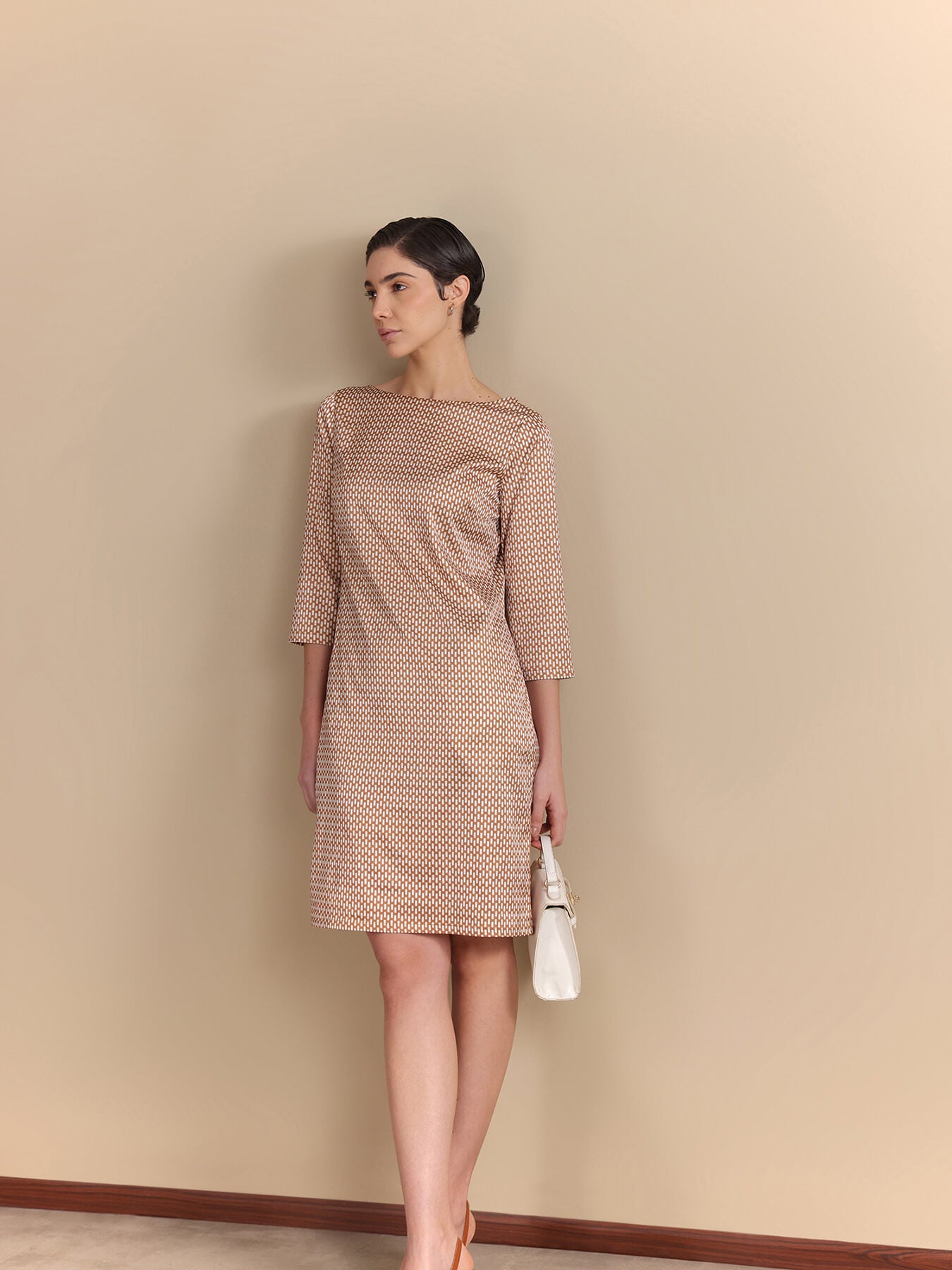 Retro Print Shift Dress - Rust