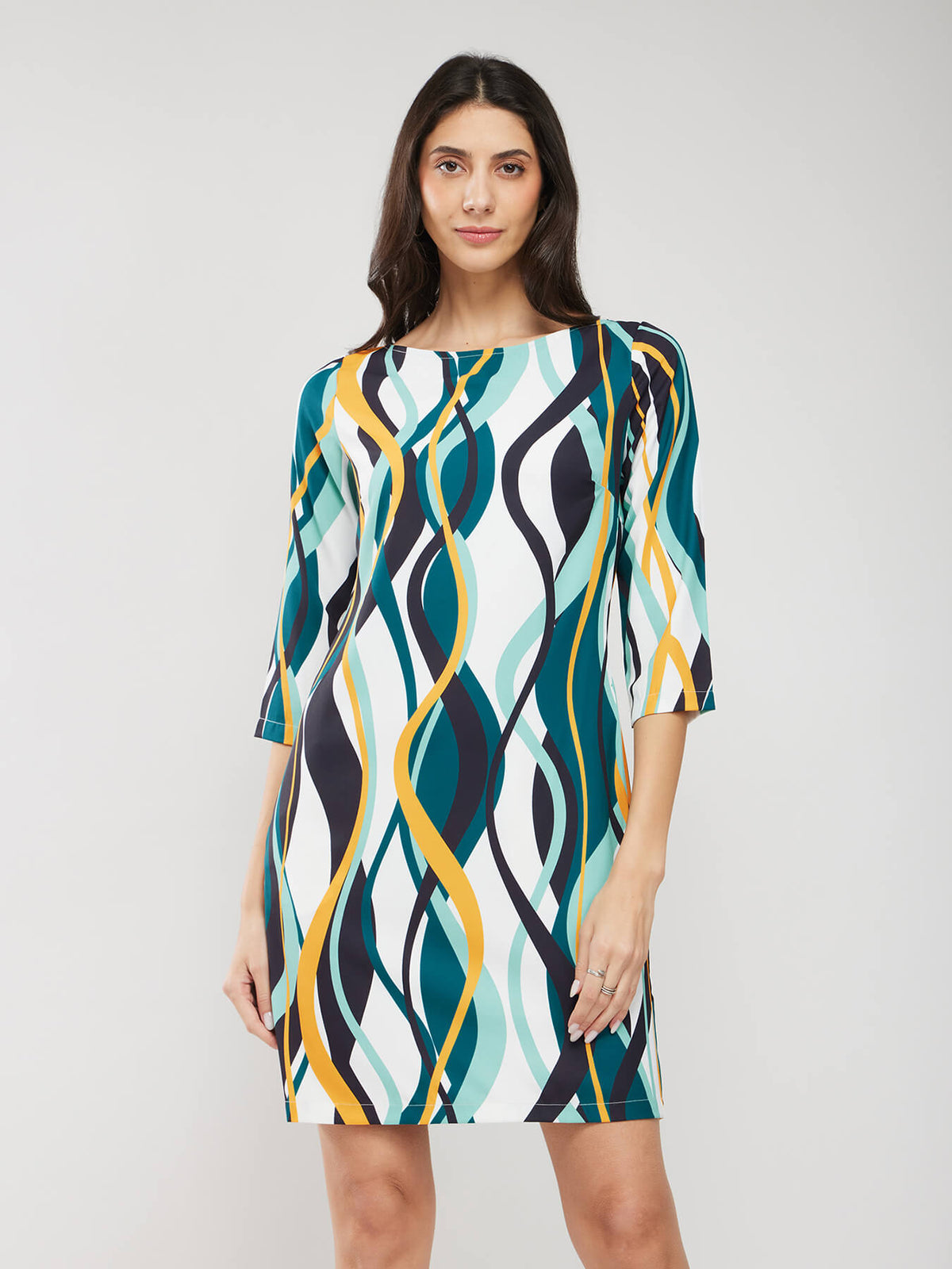 Abstract Print Dress - Off White And Teal