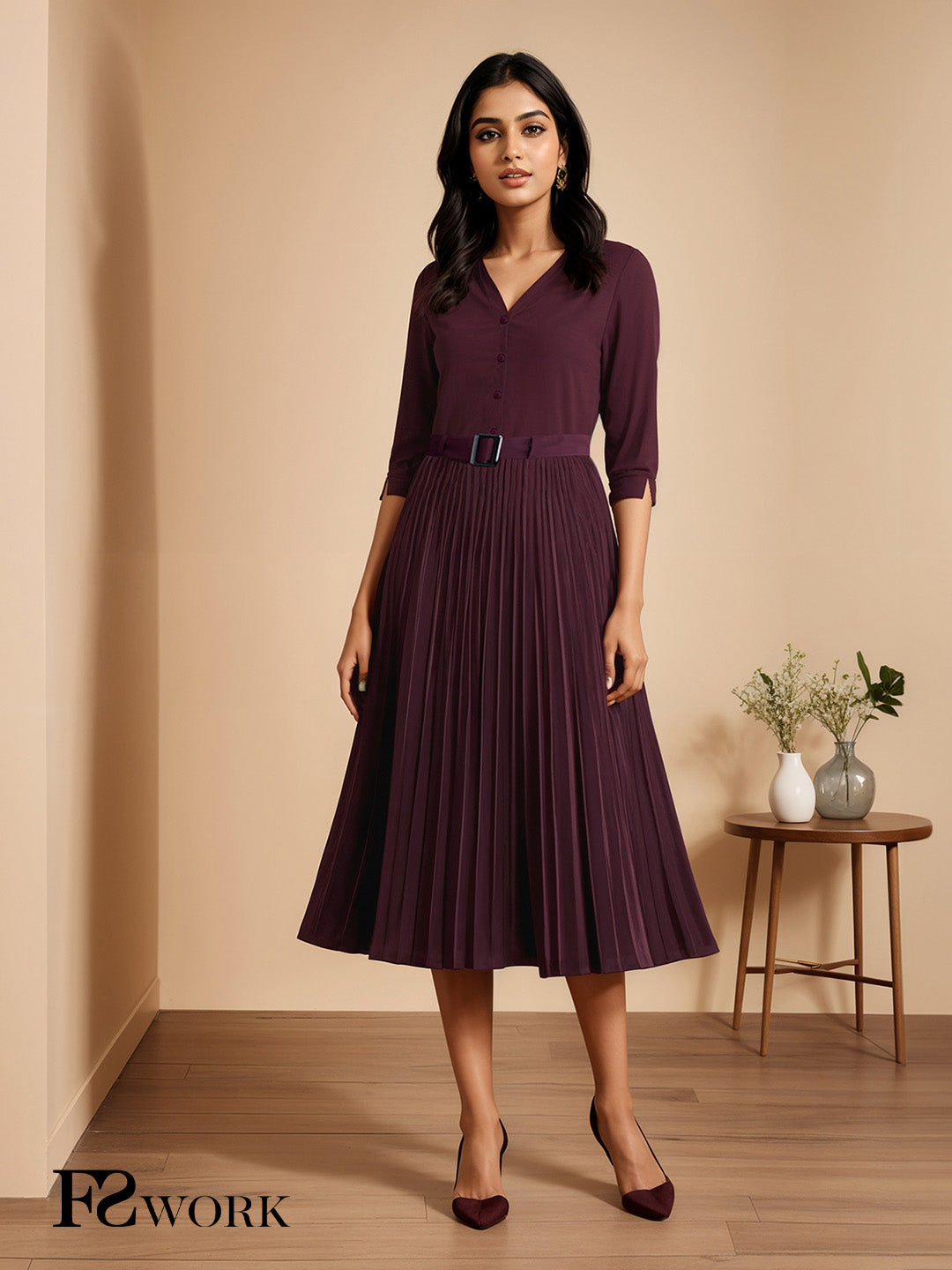 A-Line Pleated Dress - Maroon