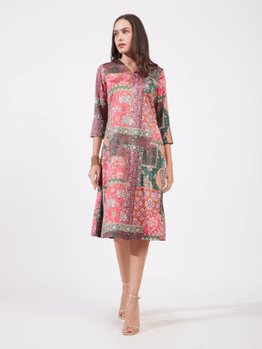 Satin A-line Floral Dress - Multicolour