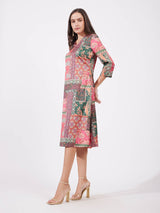 Satin A-line Floral Dress - Multicolour