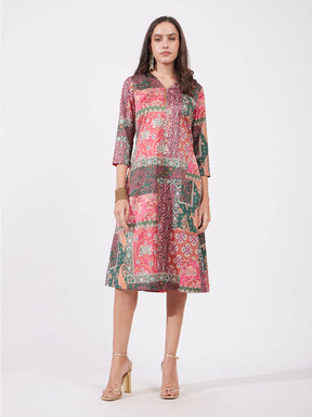 Satin A-line Floral Dress - Multicolour