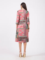 Satin A-line Floral Dress - Multicolour