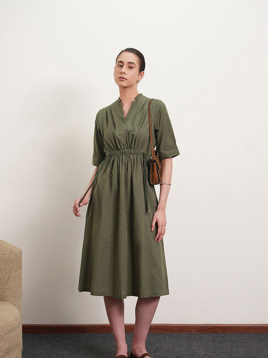 Linen Dress With Elasticated Waist - Olive
