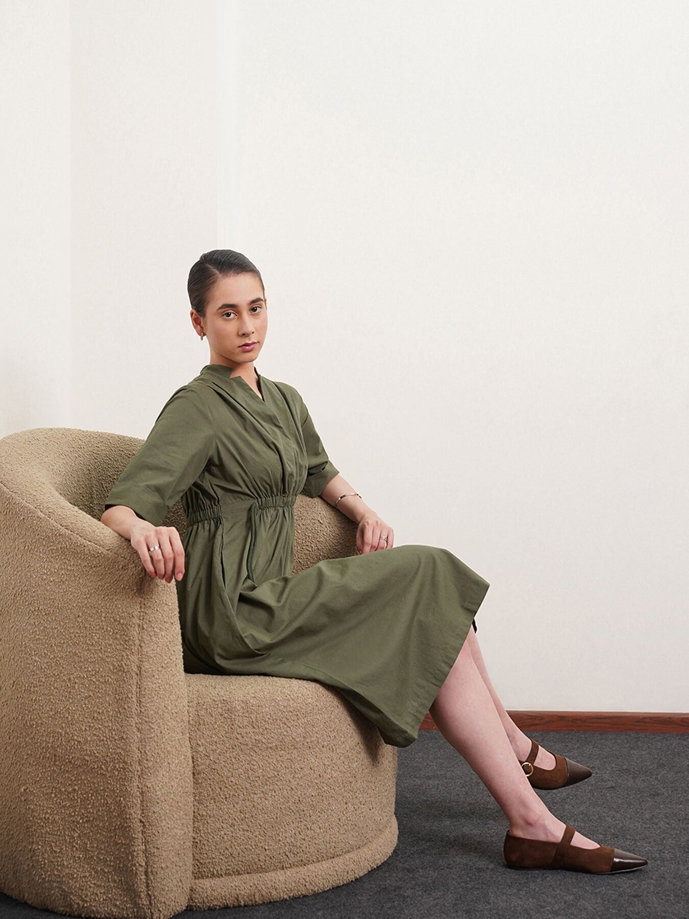 Linen Dress With Elasticated Waist - Olive