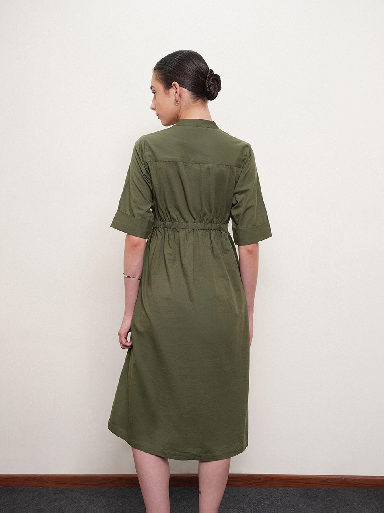 Linen Dress With Elasticated Waist - Olive
