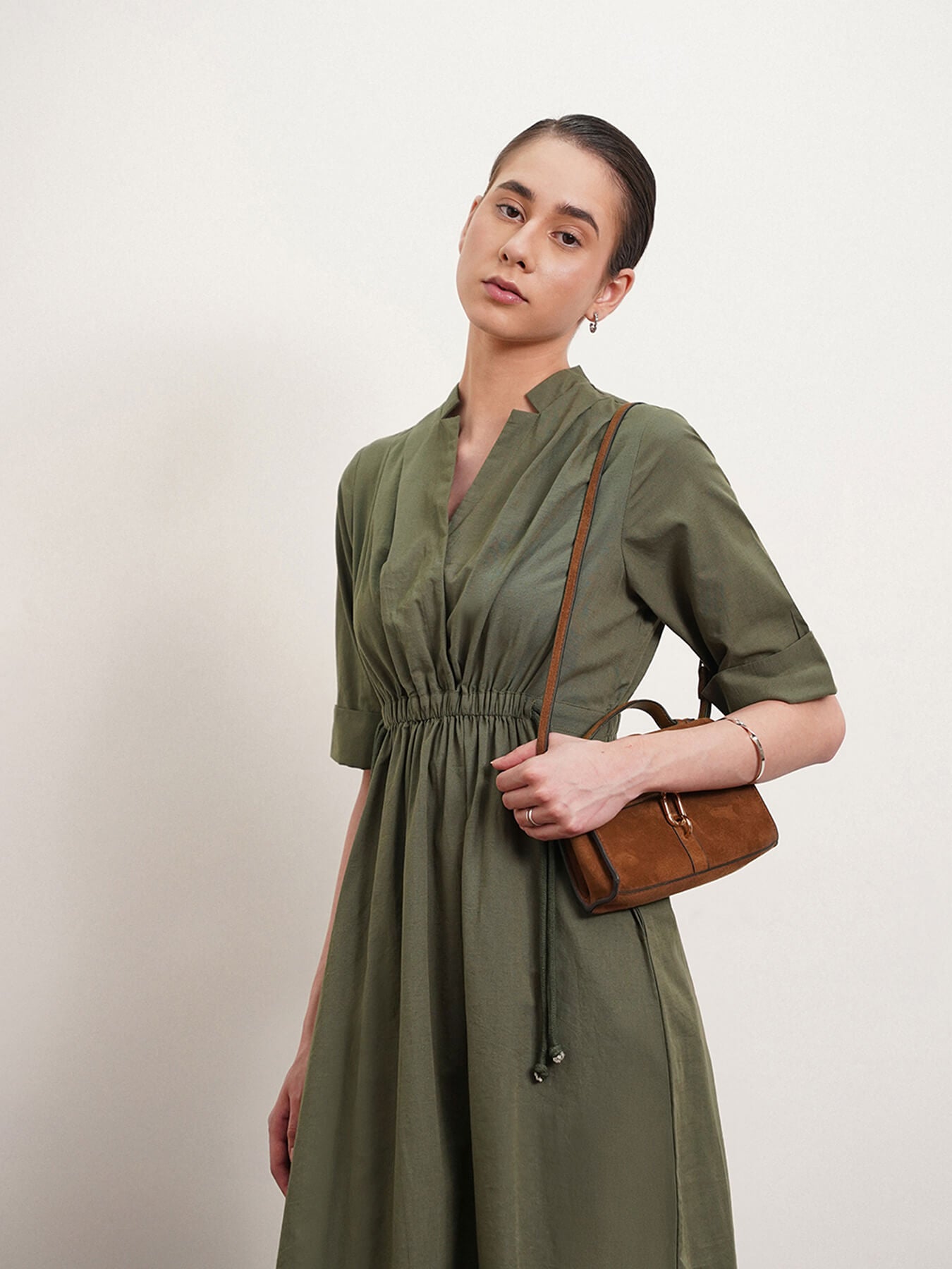 Linen Dress With Elasticated Waist - Olive