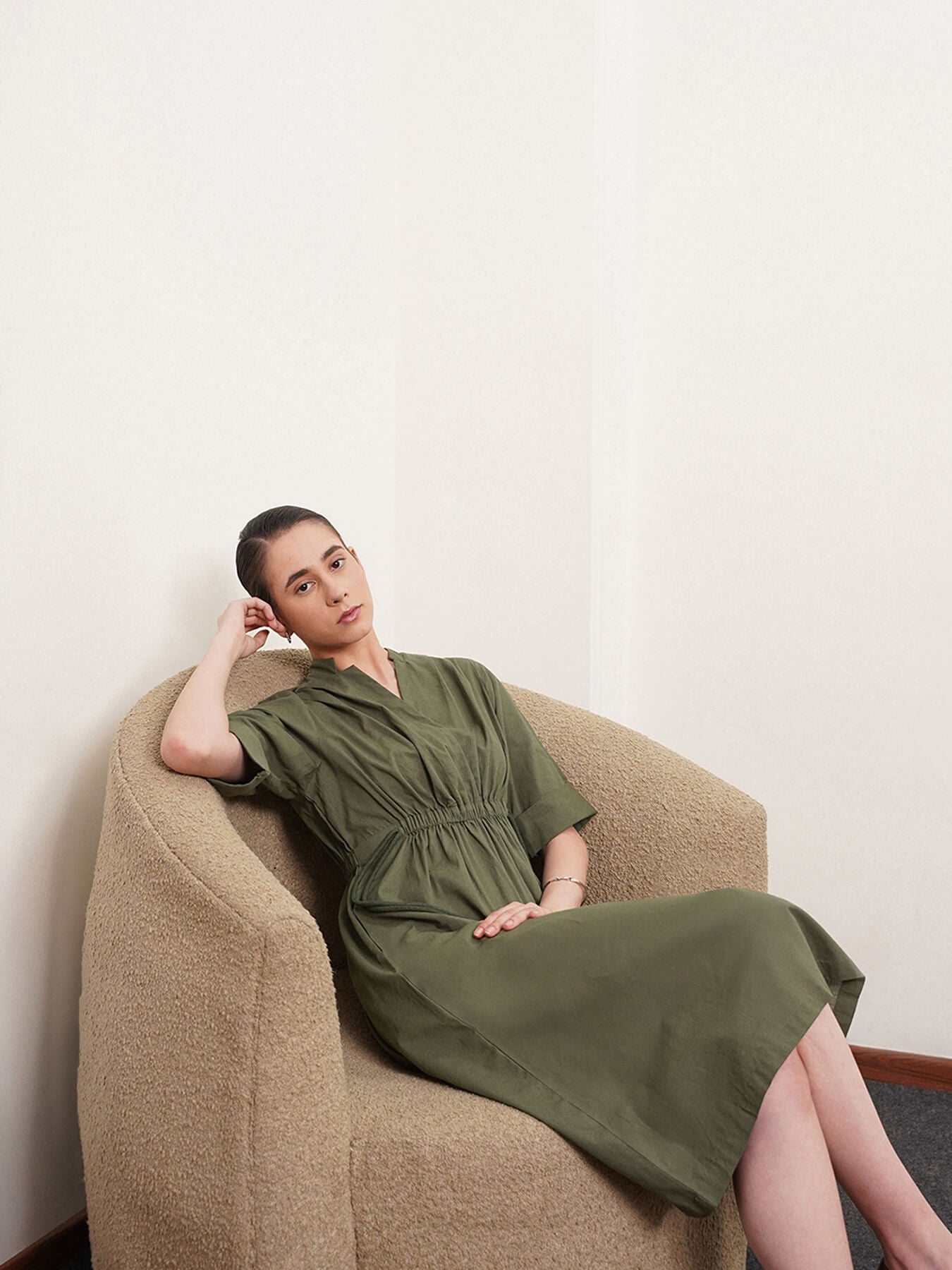 Linen Dress With Elasticated Waist - Olive