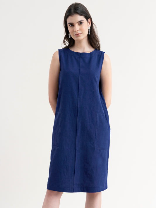 Linen Dress With Pintuck Detail - Navy Blue