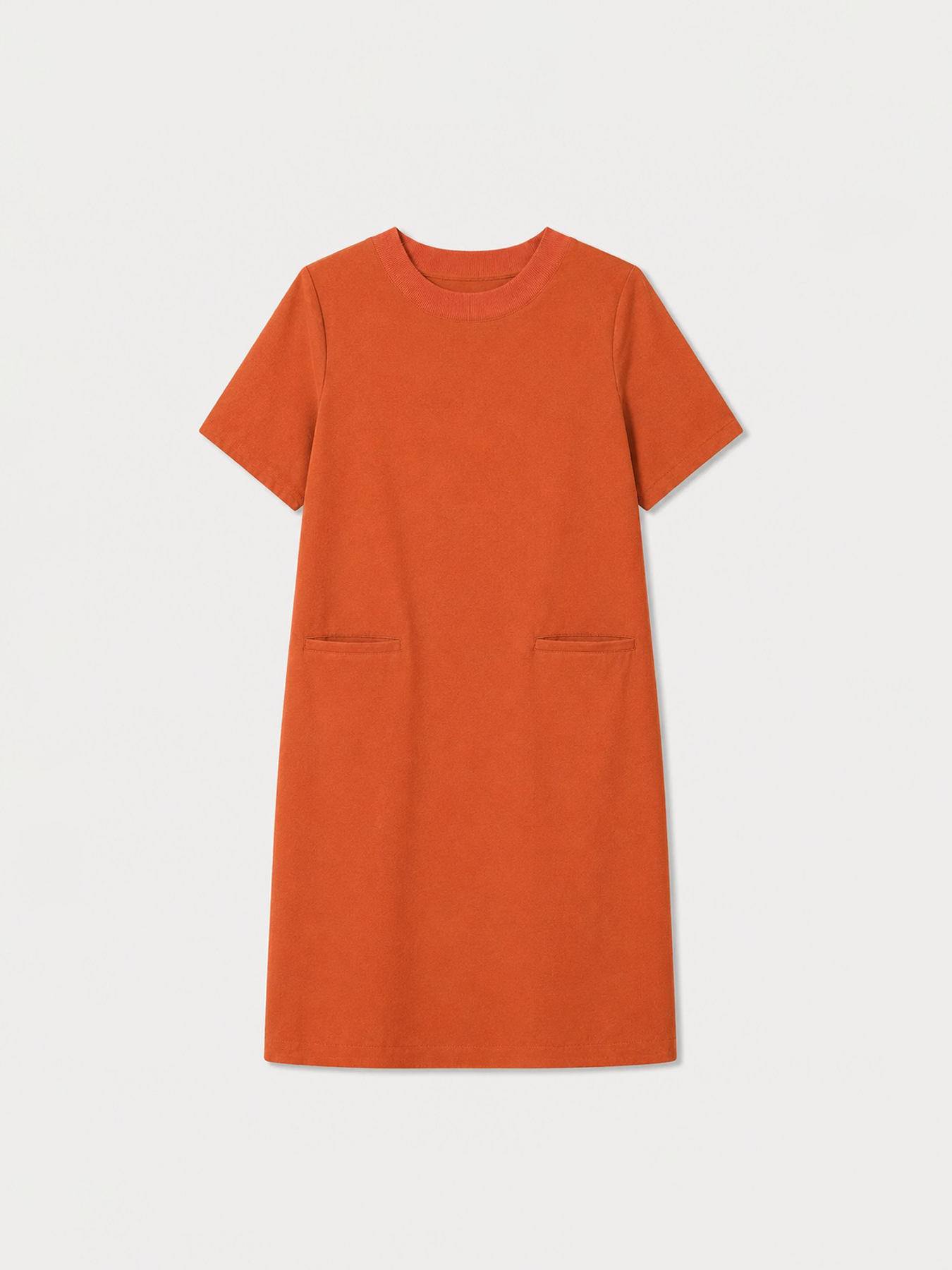 Cotton Round Neck Shift Dress - Burnt Orange