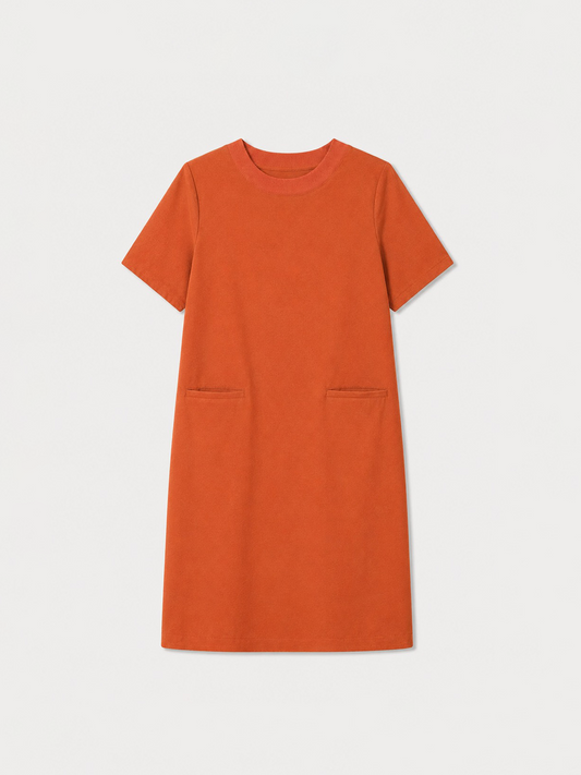 Cotton Round Neck Shift Dress - Burnt Orange
