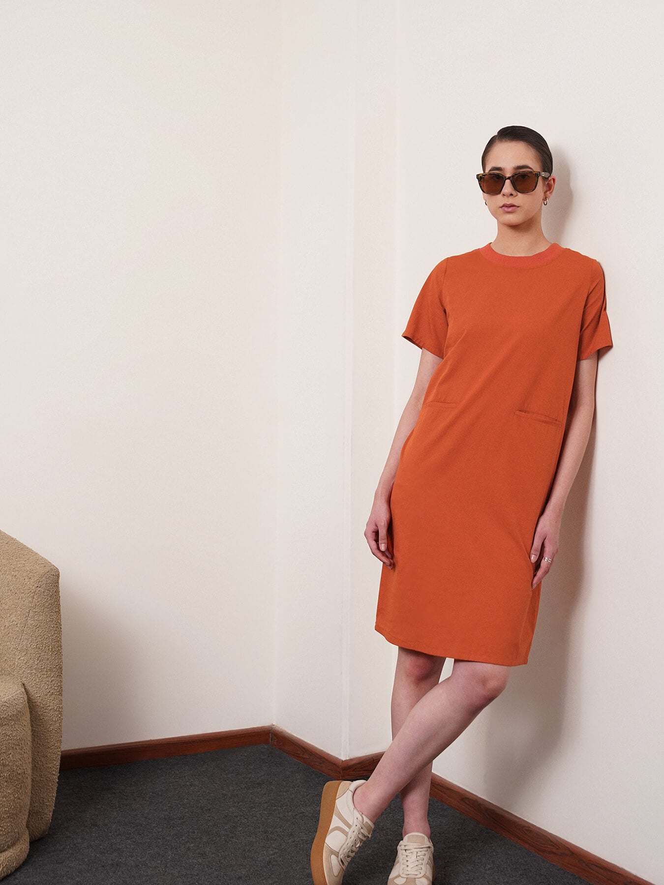 Cotton Round Neck Shift Dress - Burnt Orange