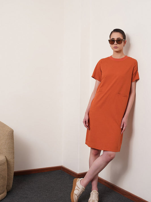 Cotton Round Neck Shift Dress - Burnt Orange