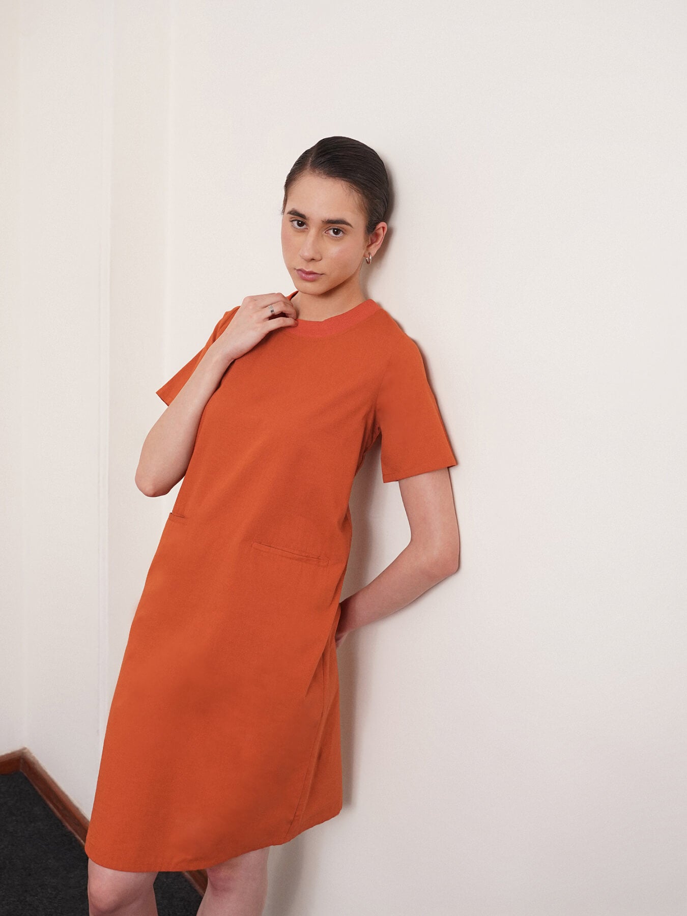 Cotton Round Neck Shift Dress - Burnt Orange