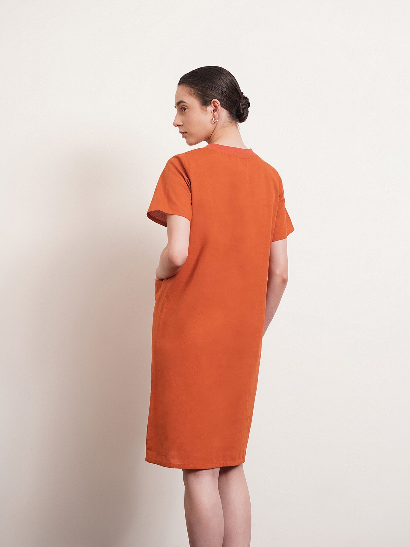 Cotton Round Neck Shift Dress - Burnt Orange