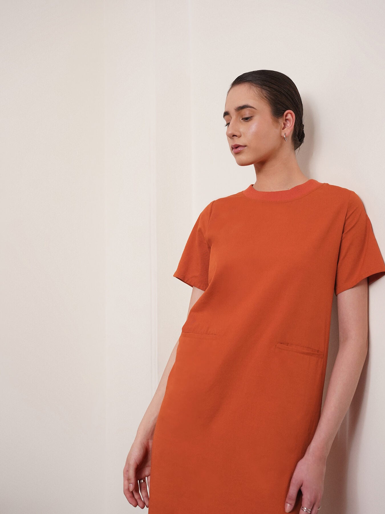 Cotton Round Neck Shift Dress - Burnt Orange