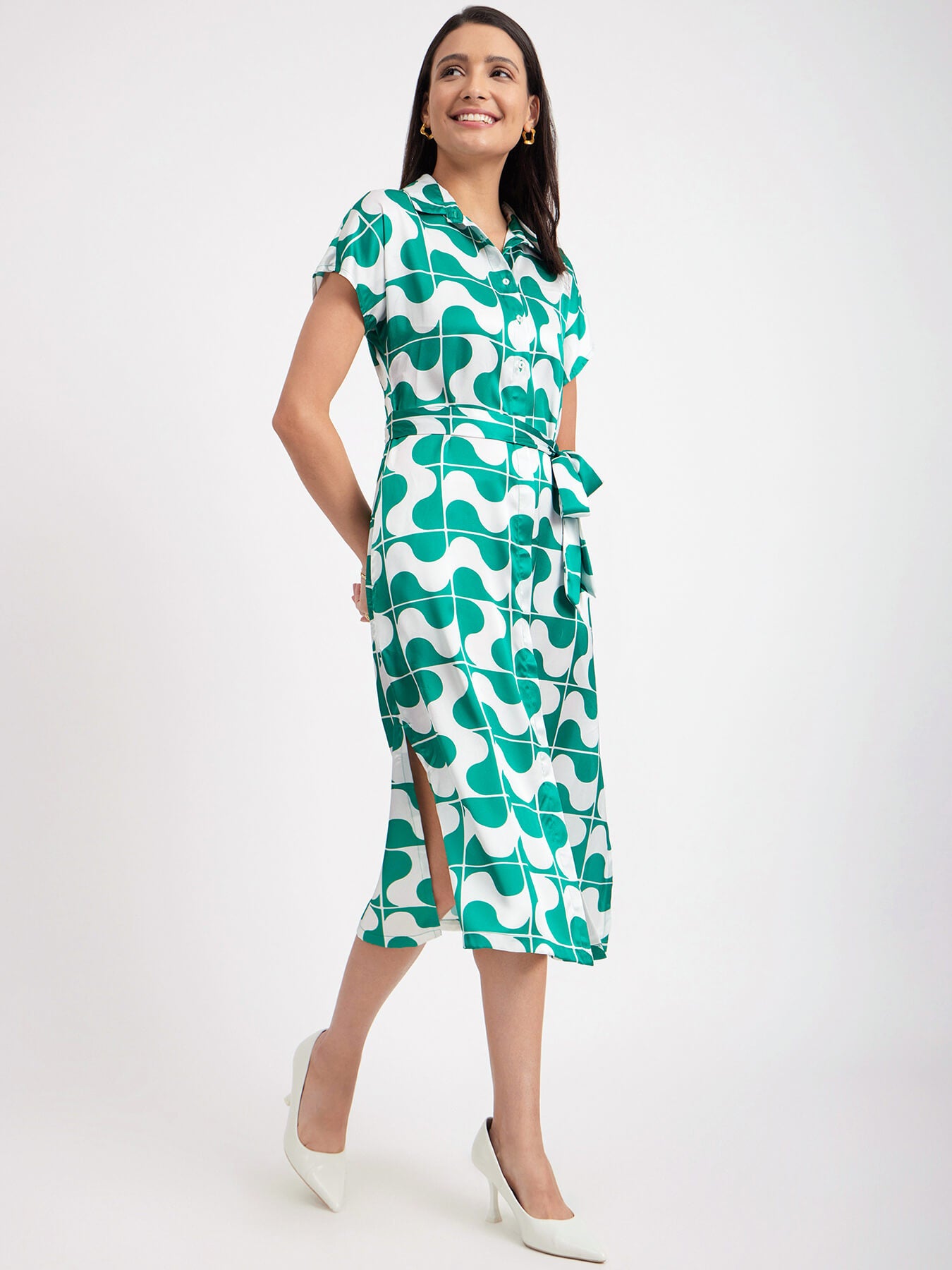 Satin Geometric Print Dress - Green And White