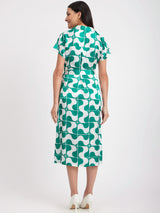 Satin Geometric Print Dress - Green And White