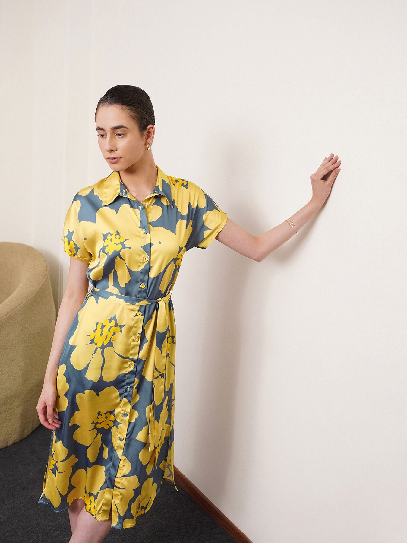 Satin Floral Print Shirt Dress - Yellow And Grey