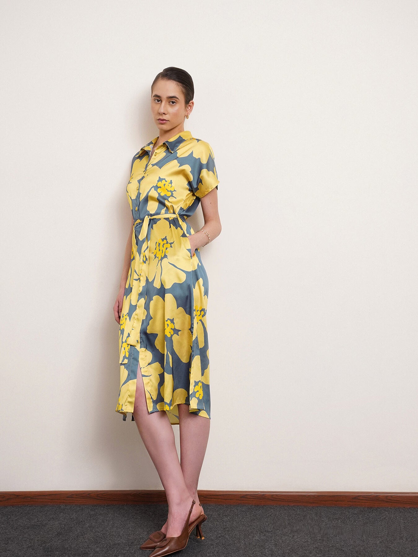 Satin Floral Print Shirt Dress - Yellow And Grey