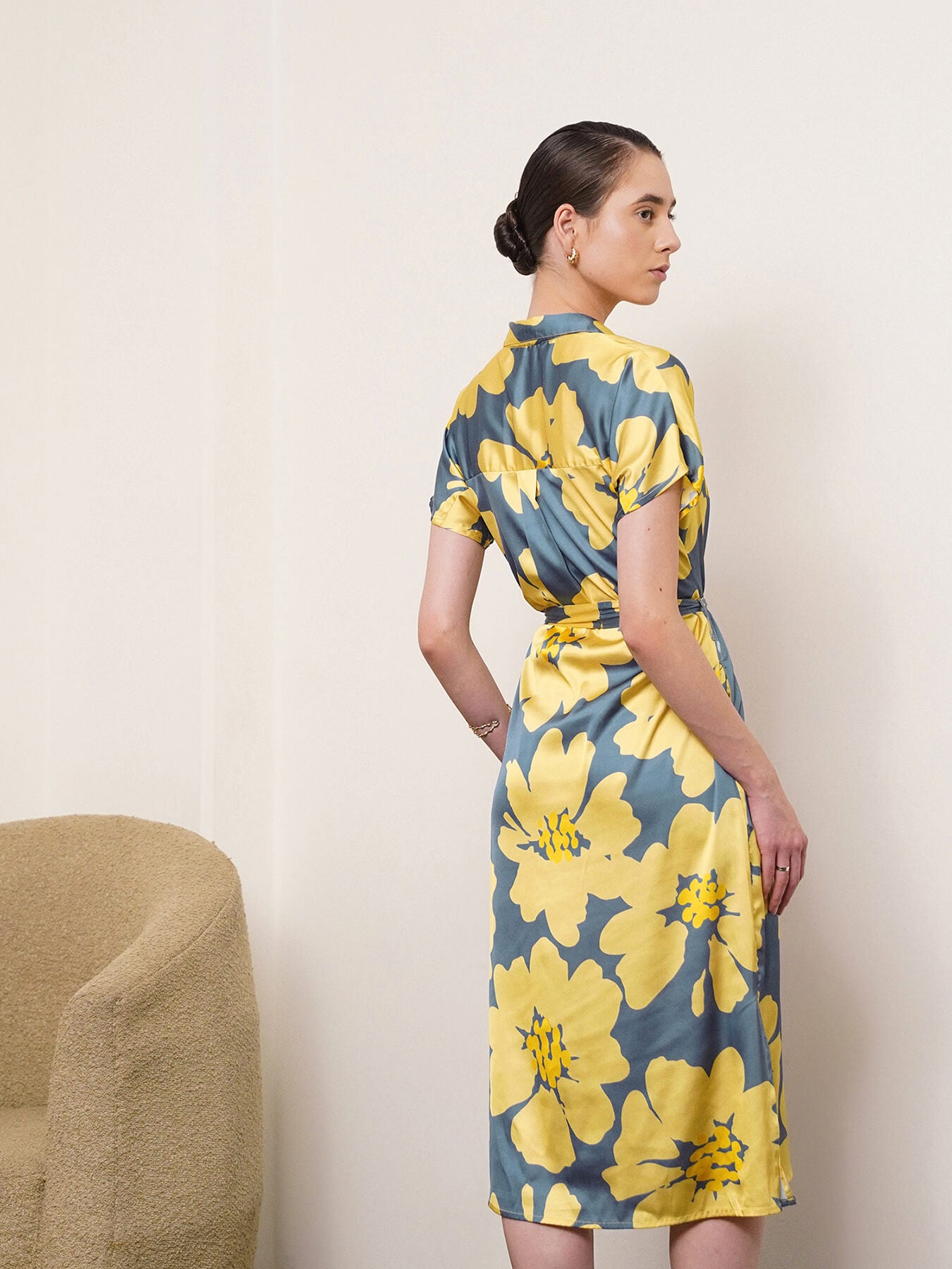 Satin Floral Print Shirt Dress - Yellow And Grey
