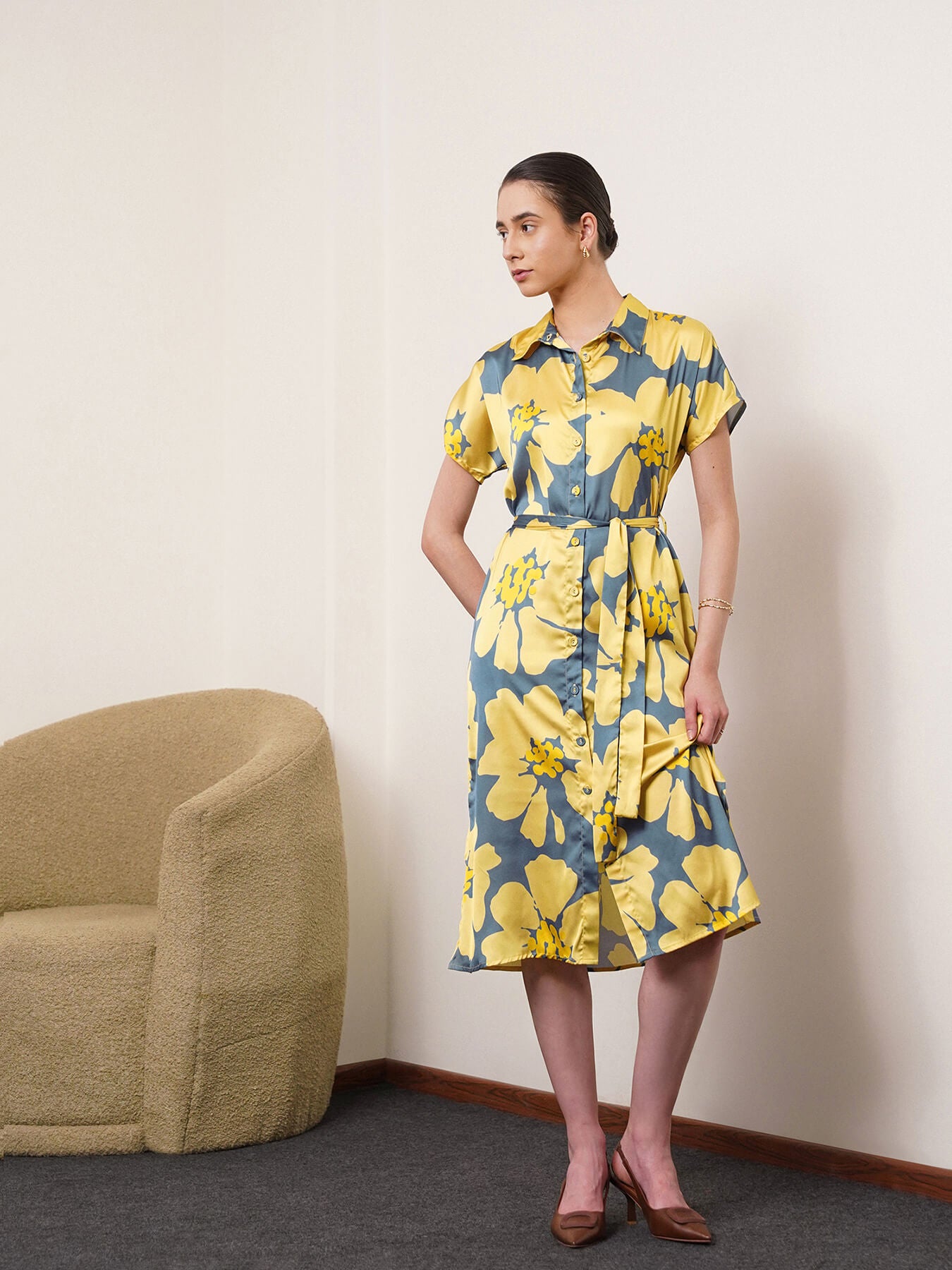 Satin Floral Print Shirt Dress - Yellow And Grey