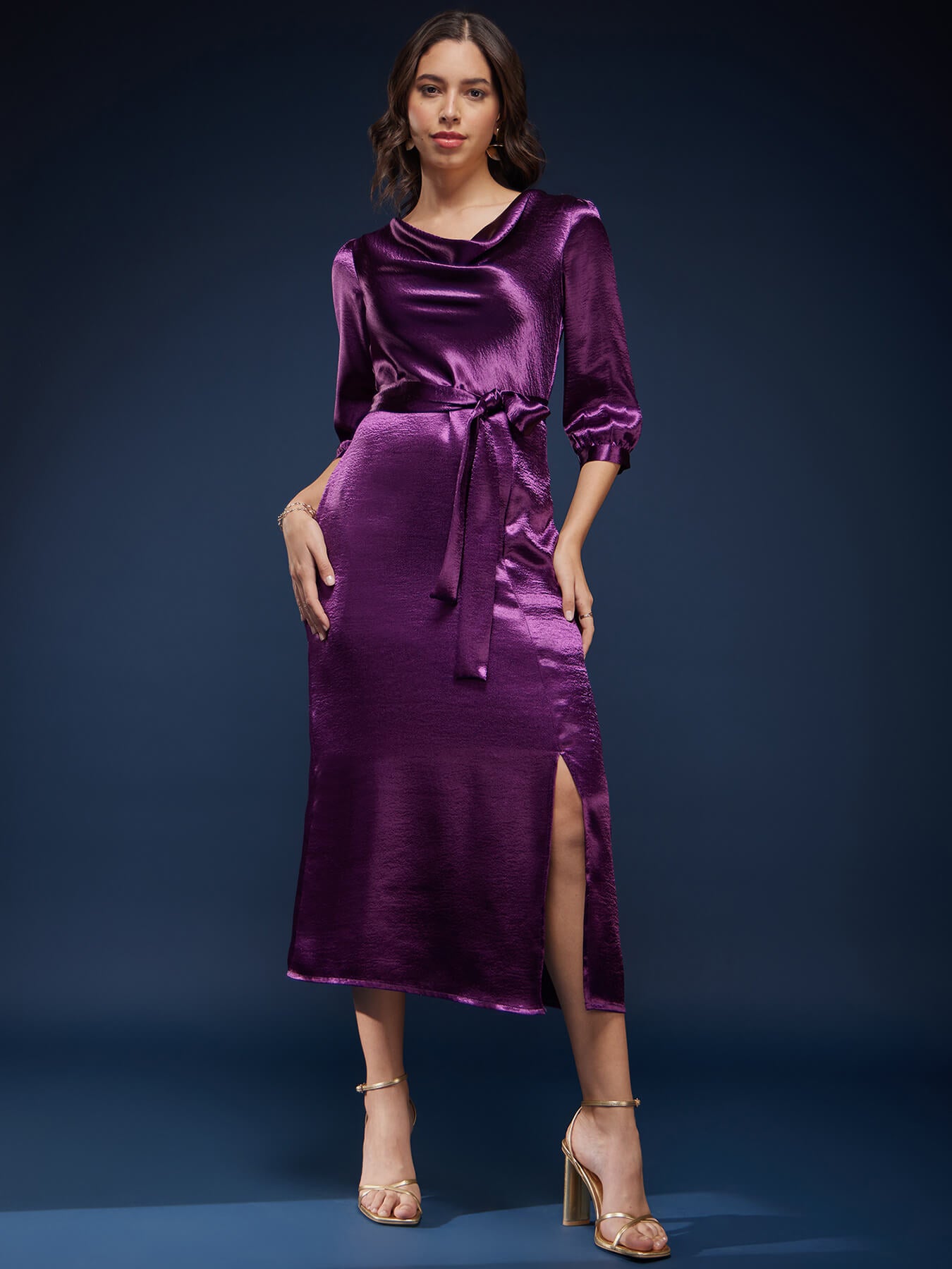 High Gloss Cowl Neck Dress - Purple