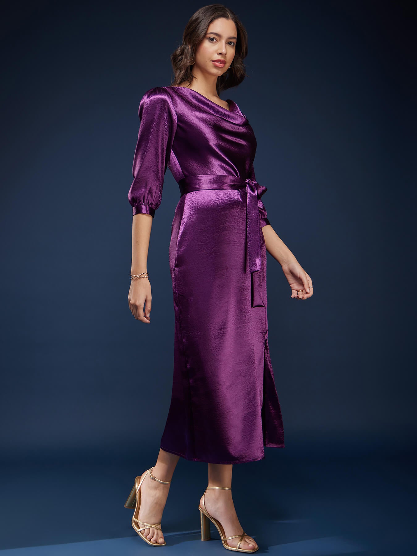 High Gloss Cowl Neck Dress - Purple